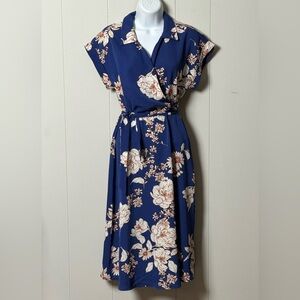 Monteau Los Angeles Women’s Navy Floral Cap Sleeve Wrap Midi Dress Size L